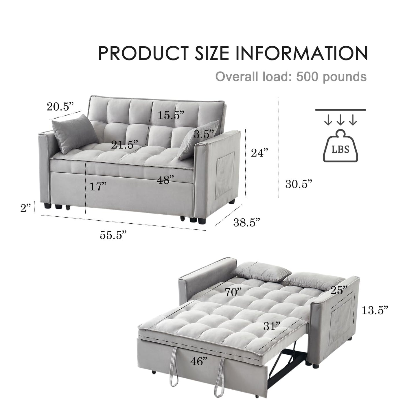 FENFSHE Futon Sofa Bed,Modern 3 in 1 Convertible Sleeper Sofa, Pull Out Couch Bed with Adjustable Backrest, Storage Pockets and Toss Pillows for Living Room, Bedroom (Grey)