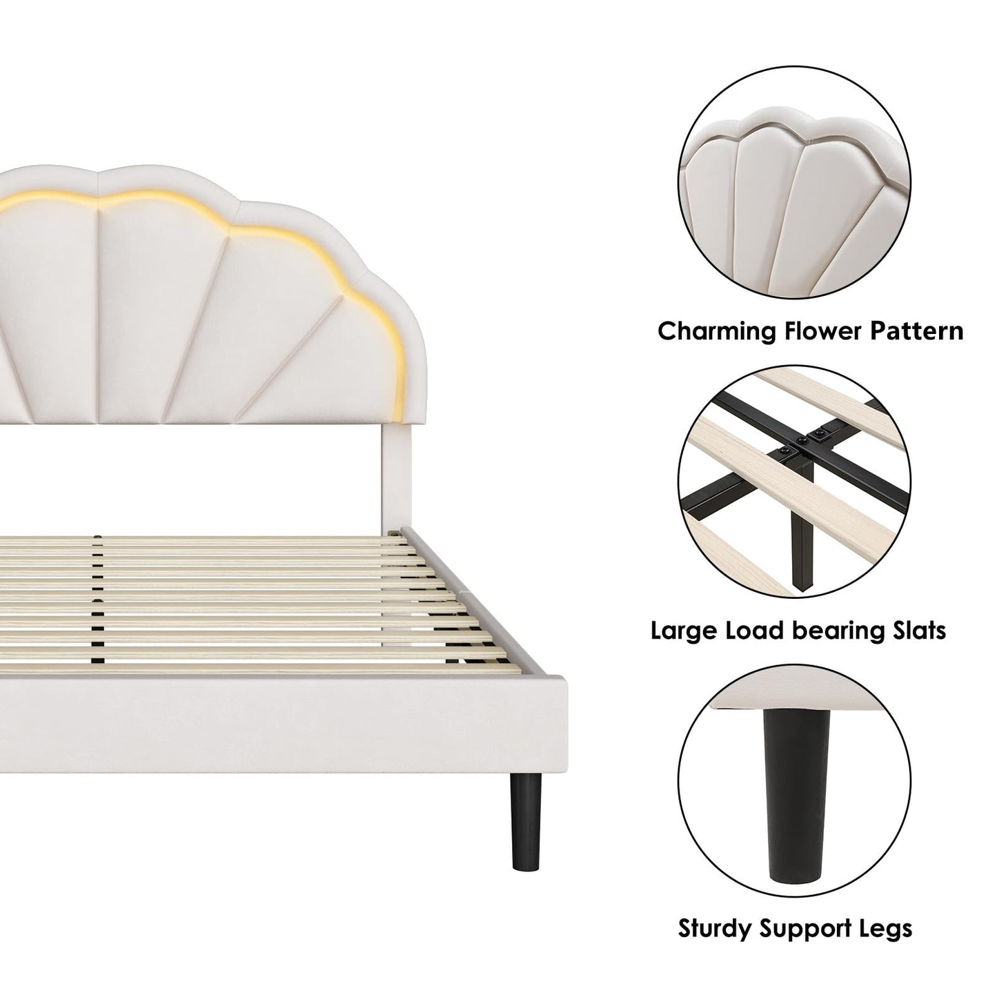 HIFIT Full Upholstered Smart LED Bed Frame with Adjustable Chic Petal Headboard, Princess Full Size Platform Bed Frames for Kids/Girls, Wooden Slats Support, No Box Spring Needed, Easy Assembly, Beige
