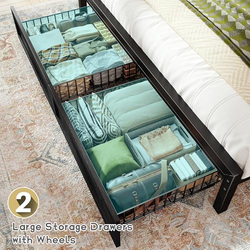 Homkdom Queen Bed Frame with 2 Storage and LED Lights, Bed Frame Queen Size with Headboard Built in Charging Station,Noise-Free,Easy Assembly, No Box Spring Needed, Black