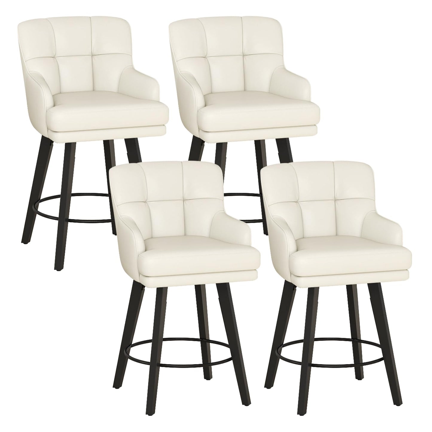 SAECKBERG 360°Swivel Counter Height Bar Stools with Back, 26 inch Solid Wood Legs, Bar Stool Modern Kitchen Island Chairs, Faux Leather (Antique White- Faux Leather, 26" H- Set of 4)