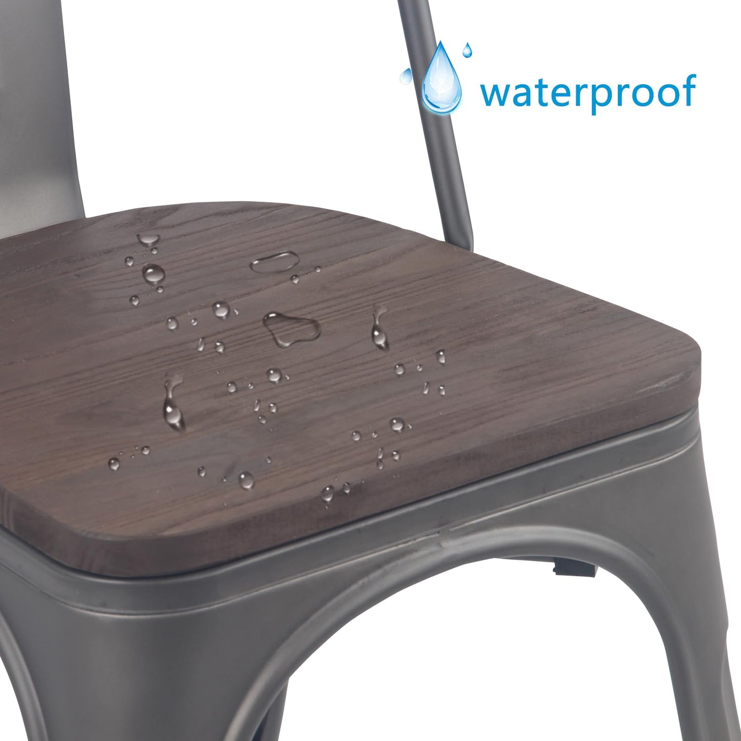 YOUNIKE Metal Dining Chairs Set of 4 Iron Stackable Removable Back Wood Seat Patio Chairs Rubber Feet Stylish Modern Indoor Outdoor Classic Chic Industrial Vintage Bistro Kitchen Rusty Grey