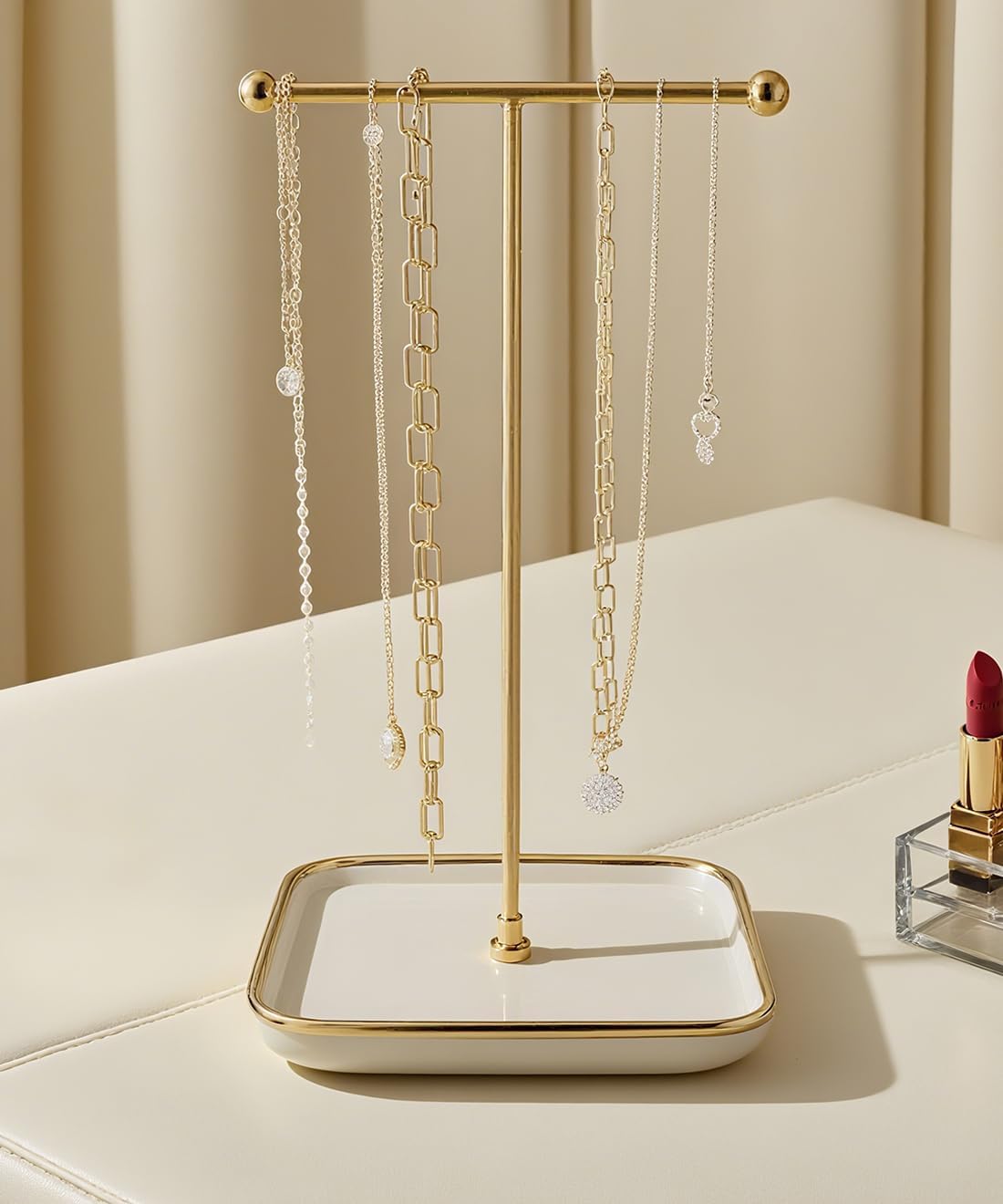 VROOMIUM Necklace Holder with Ceramic Base,1FT Height Stand,Sq.Wh-Gd