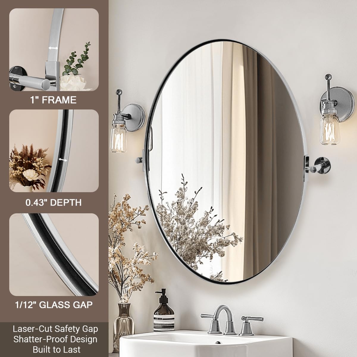 ANDY STAR Oval Bathroom Mirror, 22" x 34" Chrome Stainless Steel Metal Frame Pivoting Mirror for Over Sink with Adjustable Tilting Design, Vanity Mirror for Modern Wall