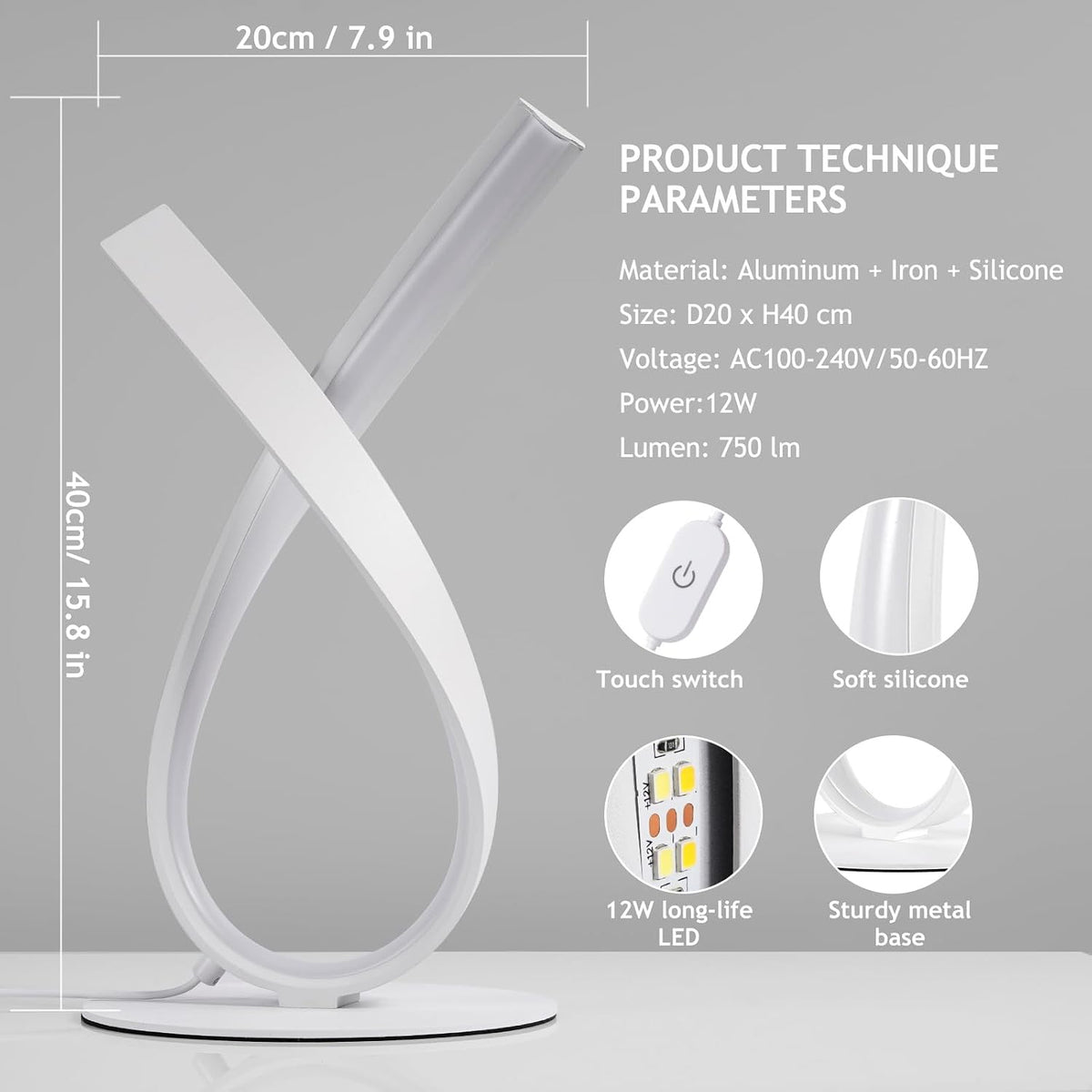 NUÜR White Spiral LED Table Lamp, Stepless Dimmable Bedside Lamp