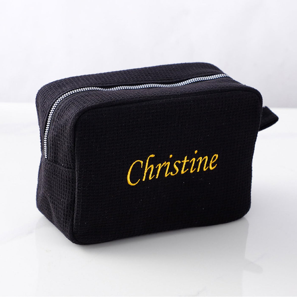 GOPHIE Personalized Embroidered Makeup Bag,Custom Waffle Fabric Cosmetic Pouch for Women, Travel Makeup Pouch (3, Black)