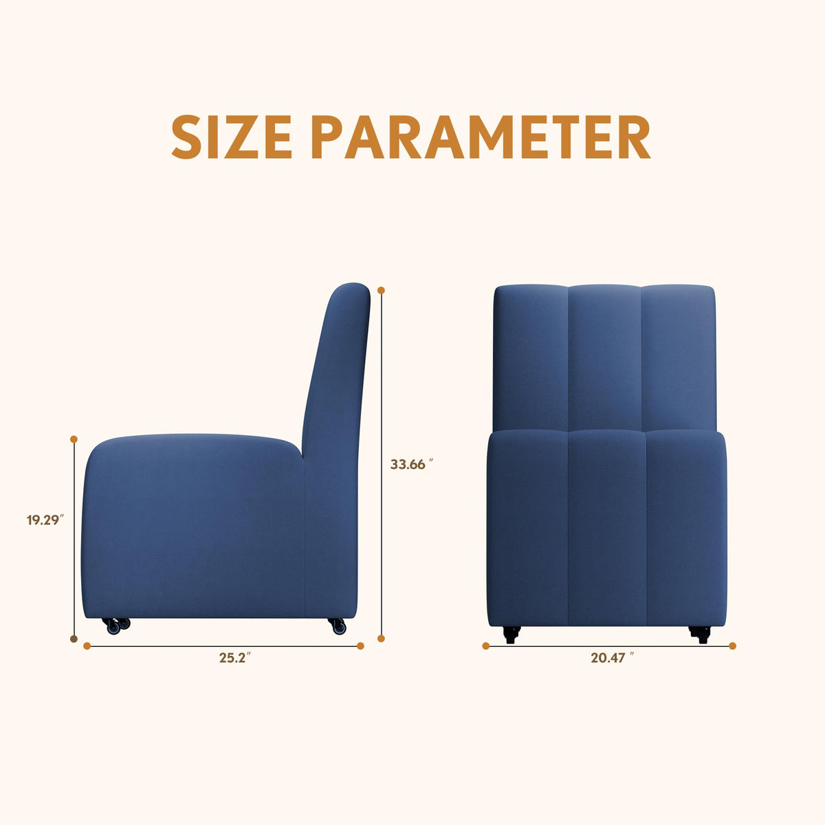 Upholstered Dining Chairs Set of 2, Modern Rolling Dining Chairs with Casters,Armless Swivel Chair,Linen Side Chair for Kitchen,Dining Room, Bedroom,Reading Room,Dressing Room,Living Room (Blue)