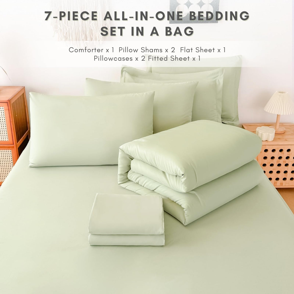 FMLIUY Sage Green Twin Comforter Set - 7-Piece Bed in a Bag, All-Season Soft Bedding with Sheets & Pillowcases (68"x88",Twin,Beige)