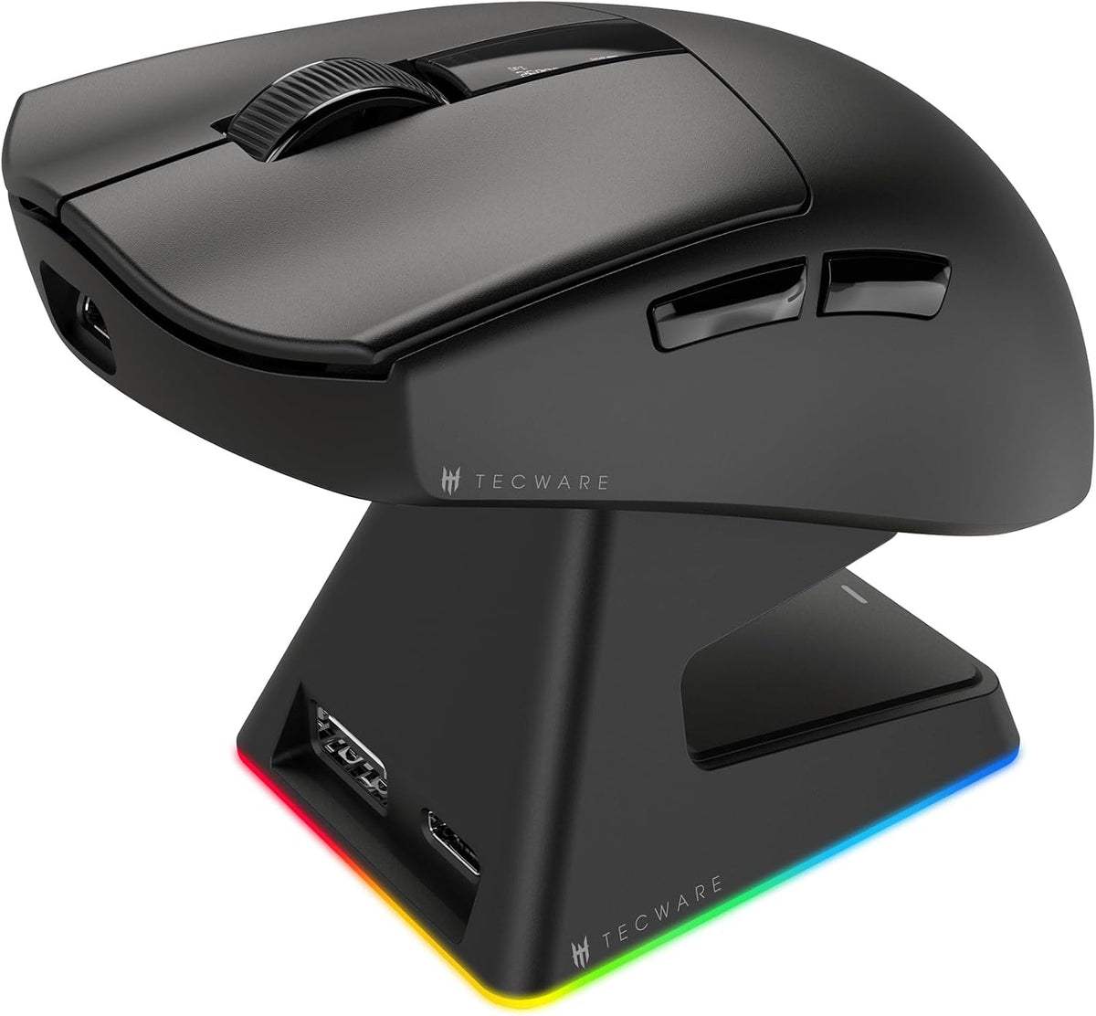 TECWARE EX1 Lightweight Gaming Mouse | 26K DPI Wireless Mouse with OLED Display | 59g Ultra-Light Design | RGB Charging Dock | Tri-Mode Connectivity 2.4GHz/Bluetooth/Wired with Grip Tape | Black