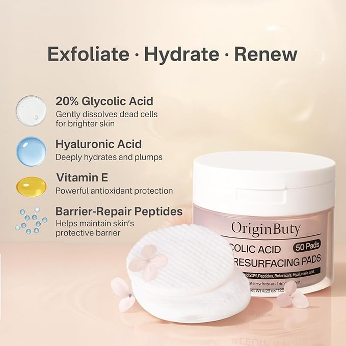 Glycolic Acid 20% Resurfacing Pads, Exfoliating Peel Pads for Face & Body, Peptide & Botanical Infused Facial Exfoliant with Hyaluronic Acid, Peels & Daily Skin Renewal, 50 Count