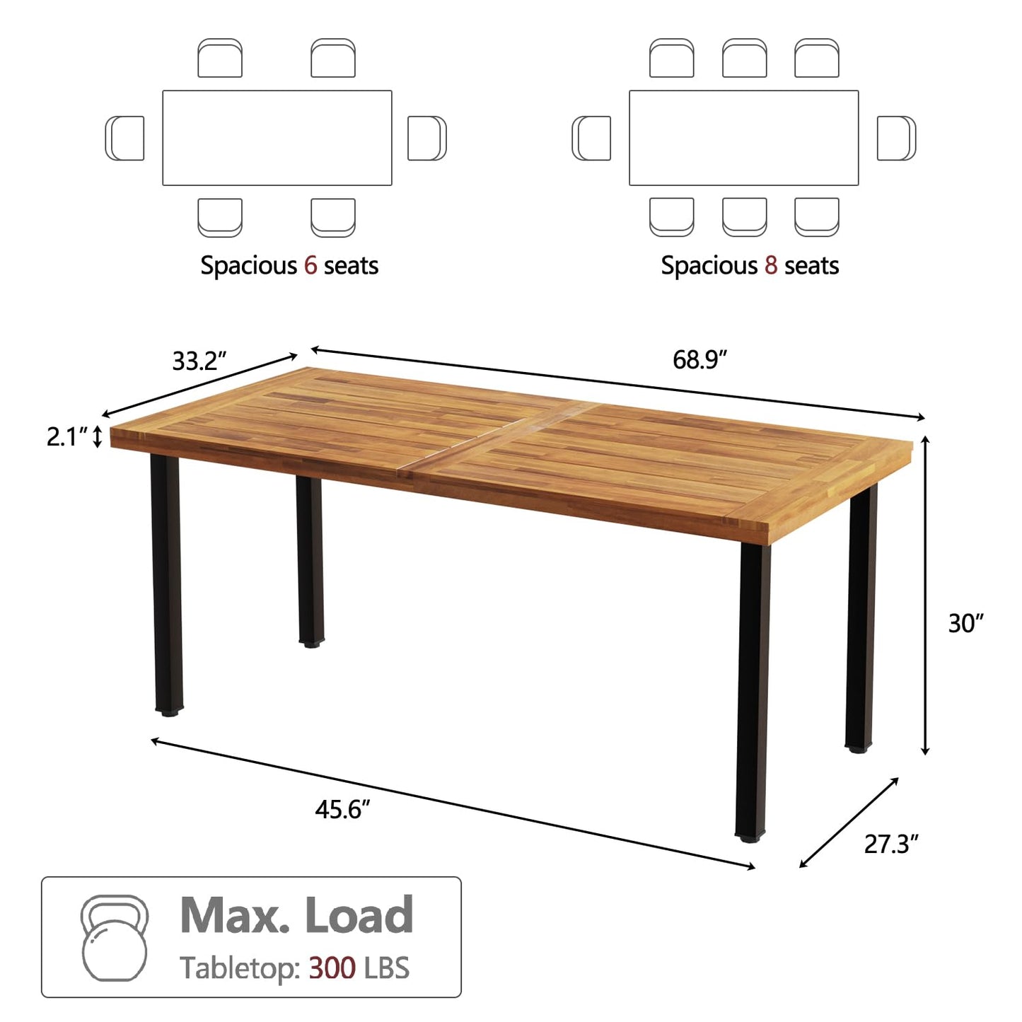 OFIKA Dining Table for 4 to 6 People, 68.9" inch Rectangular Wood Kitchen Table with Strong Metal Frame,Large Long Dining Room,for Kitchen, Living Room,Natural