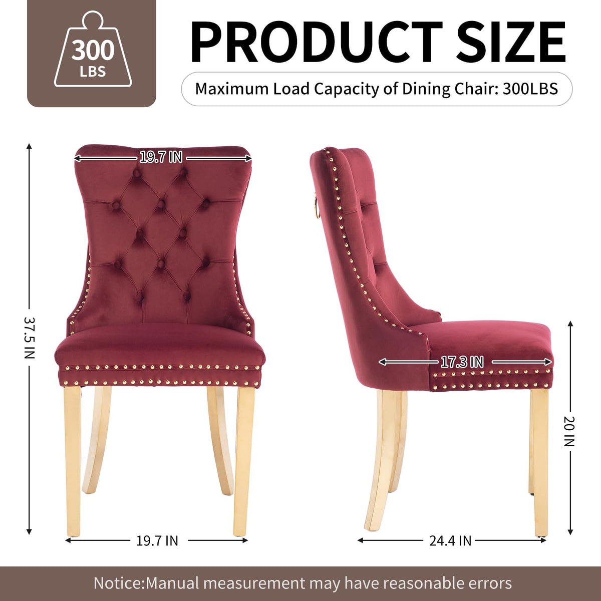 MZDOO Velvet Dining Chairs Set of 6, Tufted Upholstered Dining Room Chairs with Back Ring Pull, Nailhead Trim and Golden Legs, Modern Dinning Chairs for Dining Room, Kitchen(Wine Red)