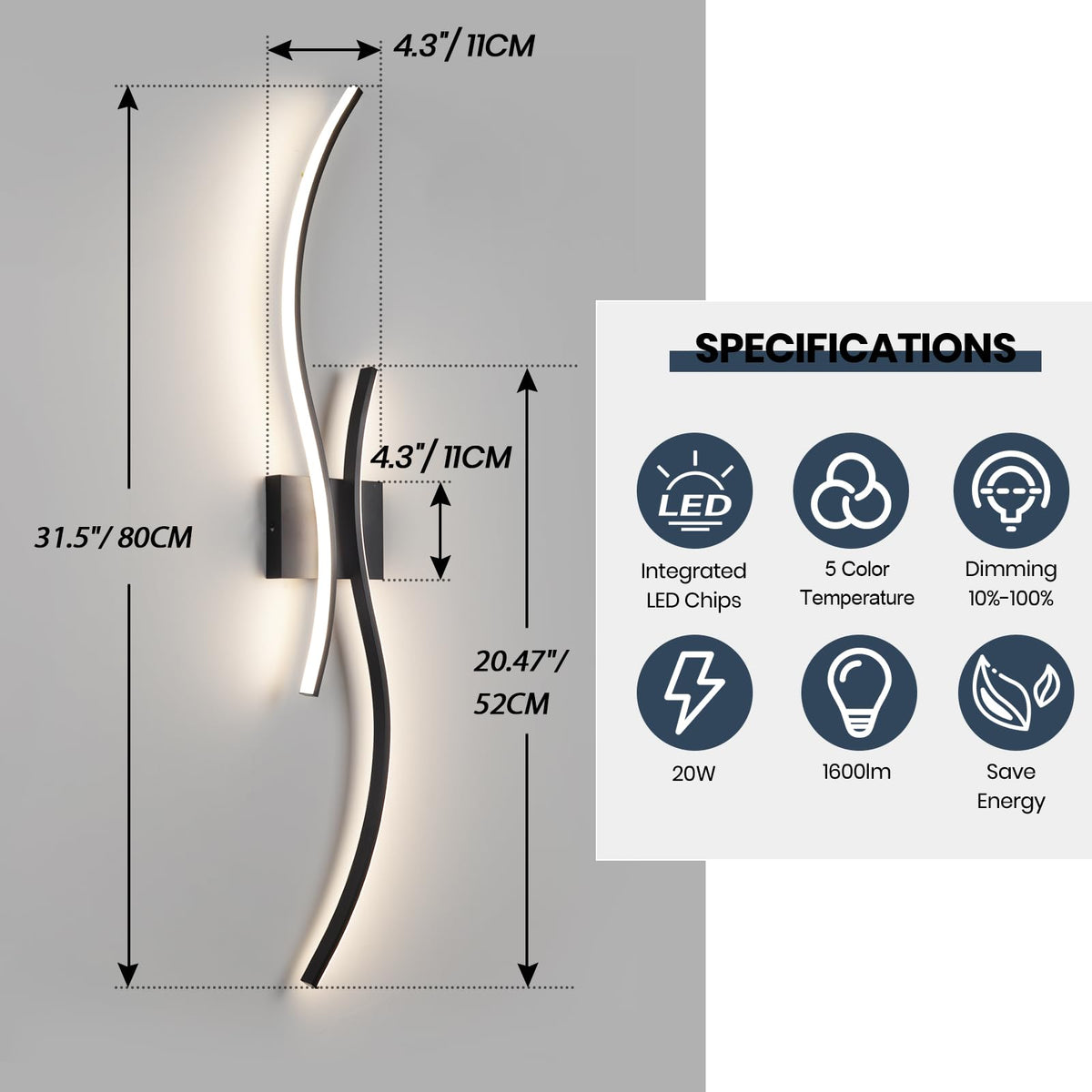 CANEOE Modern Wall Sconce Set of Two, 5CCT Dimmable Indoor Led Wall Sconce Lighting Set of 2, Hardwire Black Led Wall Lamps for Living Room Bedroom Bathroom Hallway, 31.5Inch (2 Packs)