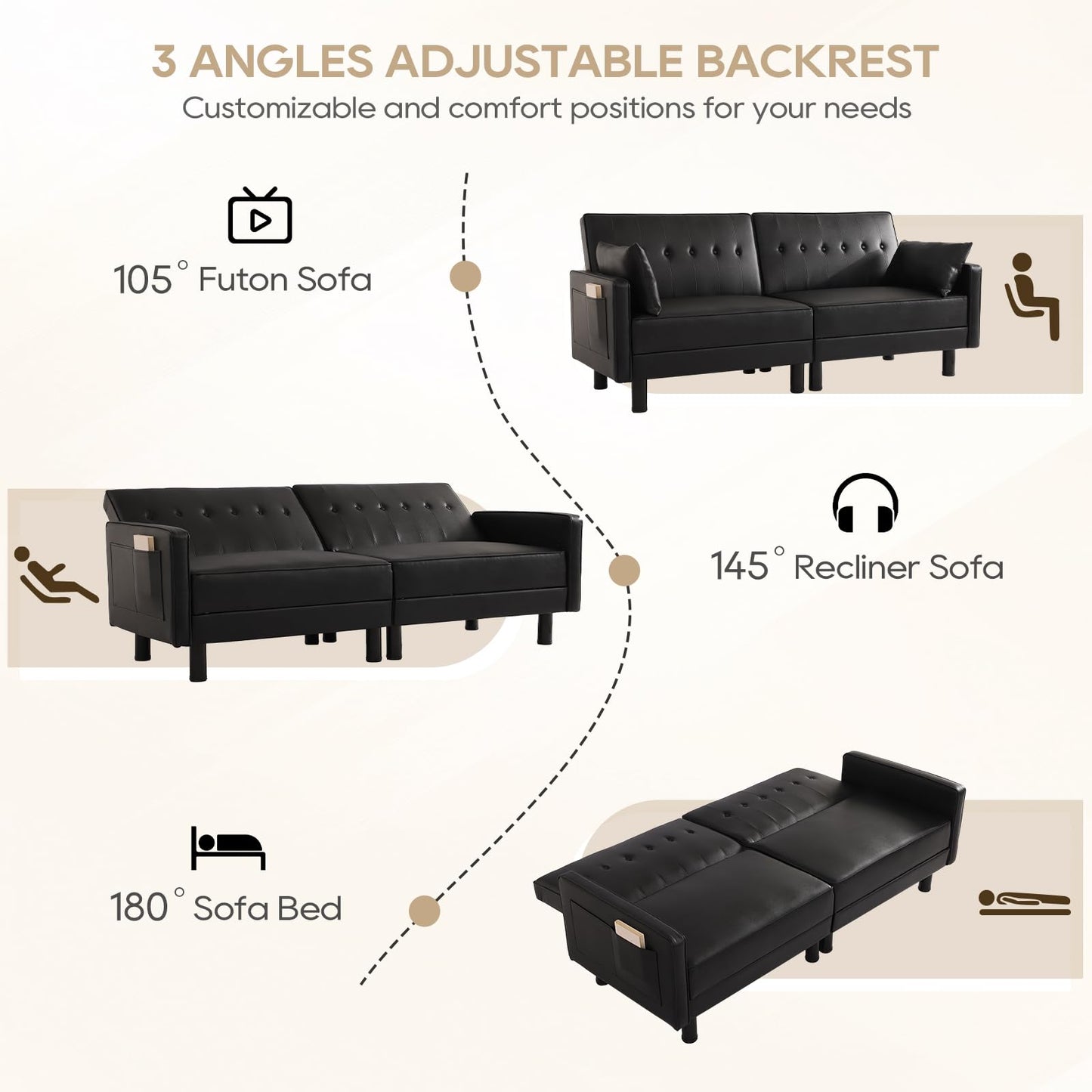IPKIG Futon Sofa Bed - Faux Leather Convertible Sleeper Sofa with Adjustable Backrest and Side Pockets, Small Loveseat for Rentals, RVs, Bedroom, Guest Rooms (Black, Loveseat)