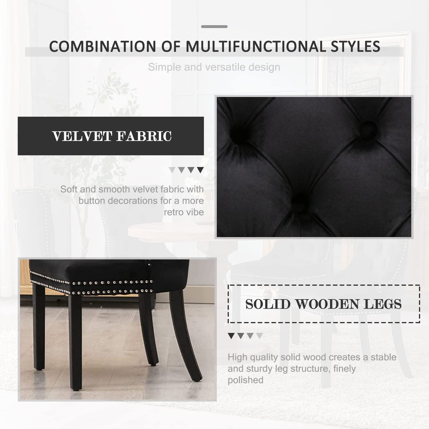 Eifizek Velvet Dining Chairs Set of 6, Tufted Dining Room Chairs with Nailhead Ring Pull Trim, Upholstered Dining Chairs with Solid Wood Legs for Kitchen Dining Room, Sillas De Comedor (Black)