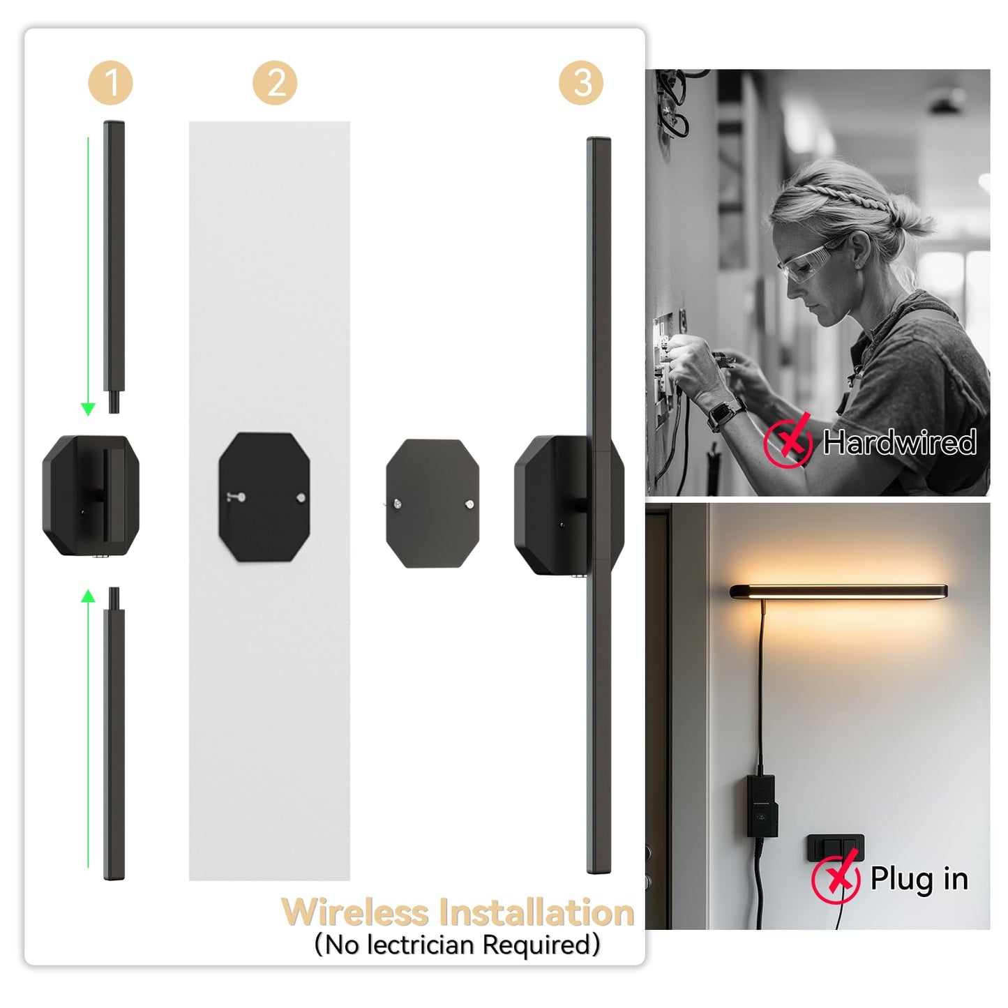 Battery Operated Wall Sconce Set of Two,Wireless Wall Sconces USB Rechargeable Wall Lights with Remote Control,3000K-6000K Dimmable for Bedroom,Background Wall,Living Room,Hallway,Wall Decor,28inch