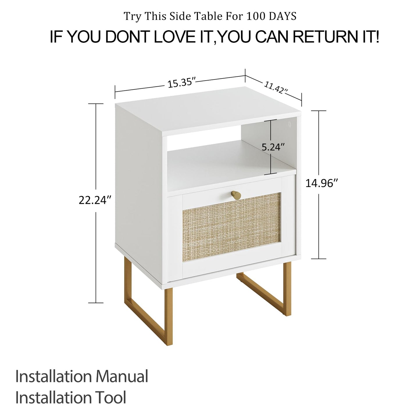 Masupu Rattan Nightstand,Modern Boho Farmhouse Wood Bedside Table with Storage Drawer and Open Shelf,Small Gold Frame Side End Table for Bedroom,Living Room,Office(White)