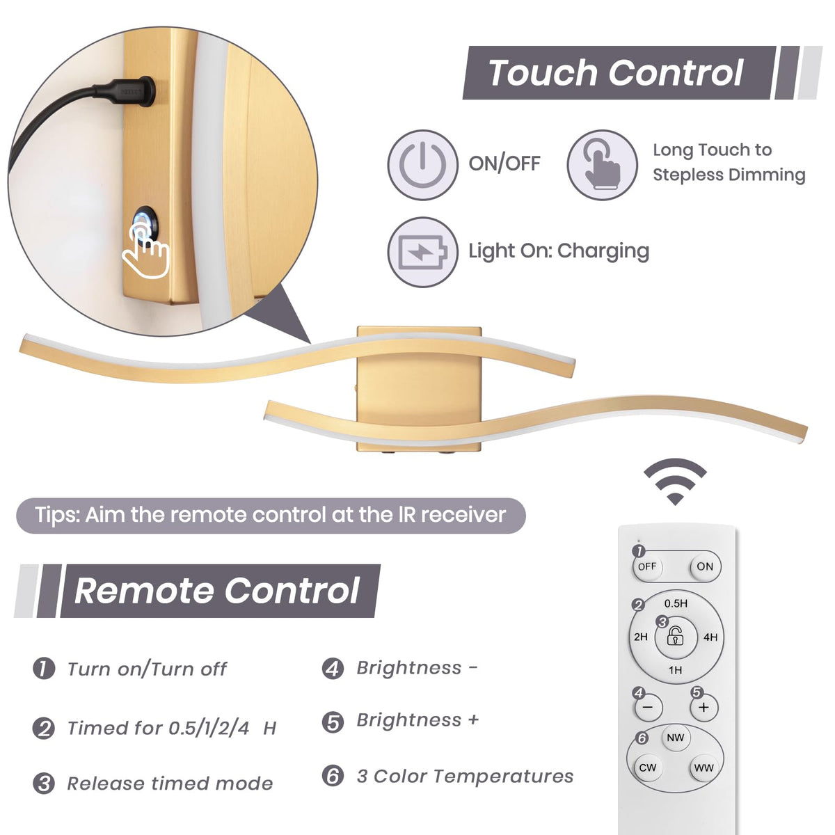 EIDEARAY Modern LED Wall Sconce Set of Two, Battery Powered Wall Sconces Set of 2 with Timer, Gold Wall Light with Remote, LED Wall Lamp Indoor not Hardwired for Bathroom Living Room Bedroom Corridor