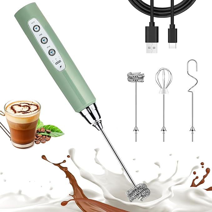 Nahida Granite Green Milk Frother Wand for Coffee, Frother Handheld Rechargeable Electric Whisk with 3 Heads 3 Speeds Drink Mixer Coffee Frother Foam Maker For Latte, Cappuccino, Hot Chocolate, Egg