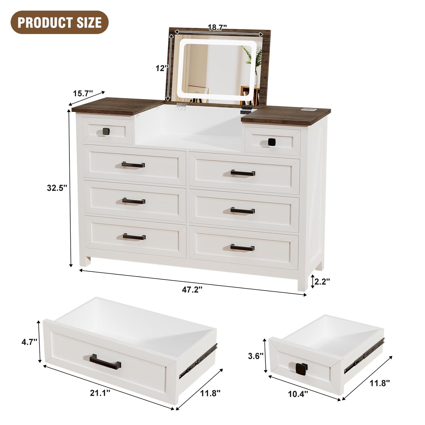BROTTAR Dresser with Mirror for Bedroom, Chest of Drawers with LED Mirror, 8 Drawer Dresser with Charging Station, White Kids Dressers, Farmhouse Makeup Vanity with Storage for Bedroom