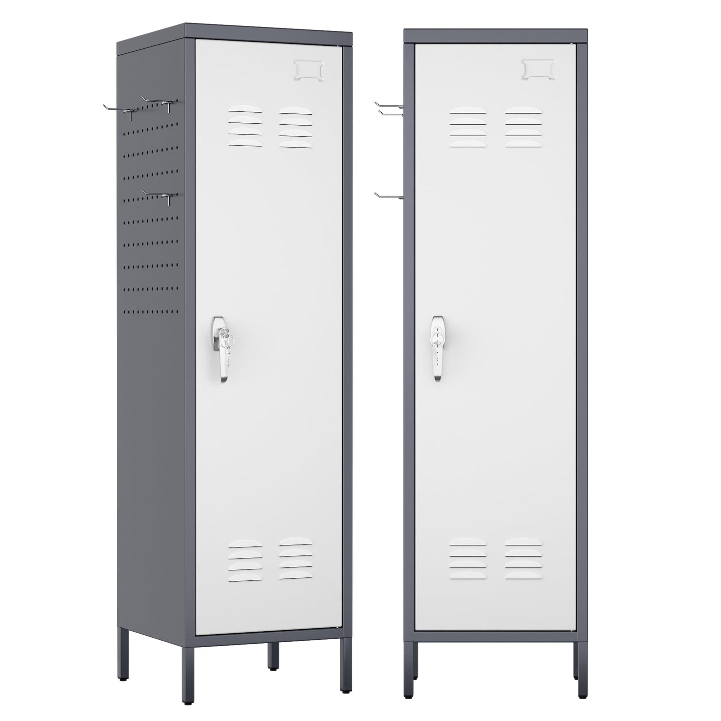 Aobabo Metal 54" H Metal Storage Locker for Employees, Lockable 1 Door with Towel Rack and 2 Side Pegboards with Hooks for School Office Gym Bedroom, Assembly Required (Gray White)