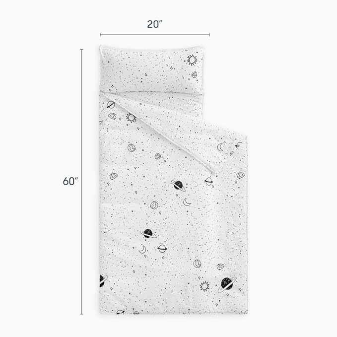 Wake In Cloud - Toddler Nap Mat with Pillow and Blanket, 100% Cotton Fabric, for Kids Boys Girls in Daycare Kindergarten Preschool, Roll Up Sleeping Bag, Black White Spaces, Extra Long