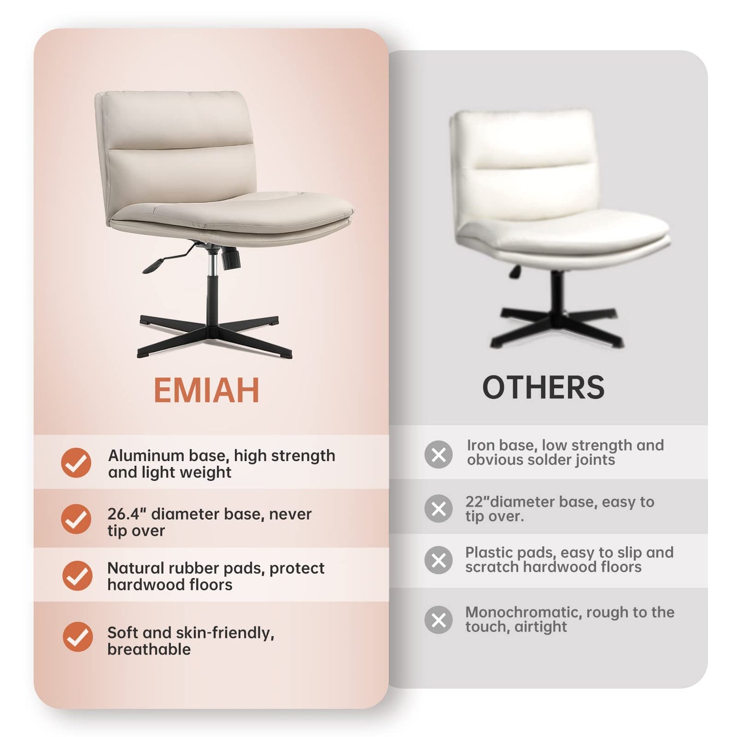 EMIAH Armless Office Desk Chair No Wheels PU-Padded Vanity Mid-Back Ergonomic Home Computer Comfortable Adjustable Swivel Task Chair with Thickened Cushion