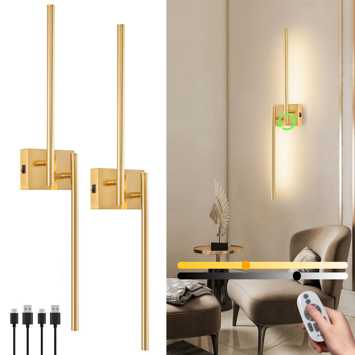 Zlierop Rotate Wall Sconces Battery Operated, 8000mAh Charge Battery Wall Sconces Set of Two, Wireless Wall Sconce with Memory Remote, Dimmable Wall Lights, Gold sconces Wall Decor Set of 2