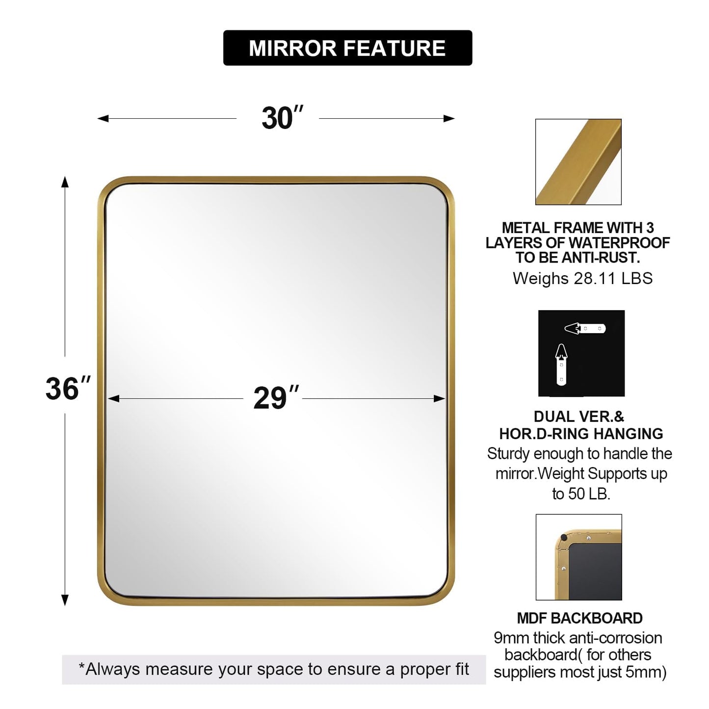 ANDY STAR Gold Bathroom Mirror for Wall, 30x36’’ Brushed Gold Mirror, Rounded Rectangle Mirror for Vanity in SUS304-Anti-Rust, Wall-Mounted Horizontal/Vertical 1’’ Deep