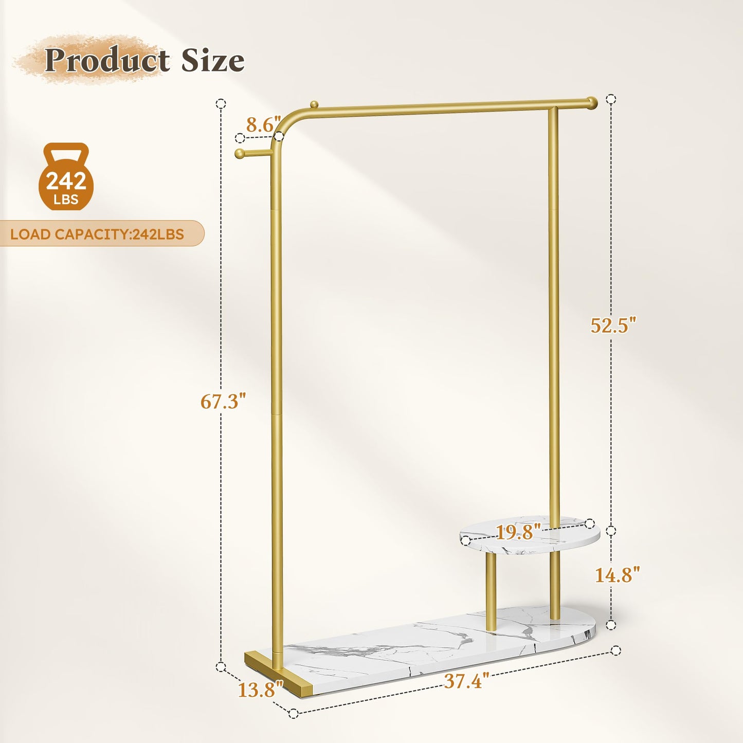 Raybee 67" H Gold Clothing Rack, Modern Coat Rack with Two-Tier Storage, Clothes Rack with a Display Stand for Boutique Store, Living Room, Bedroom