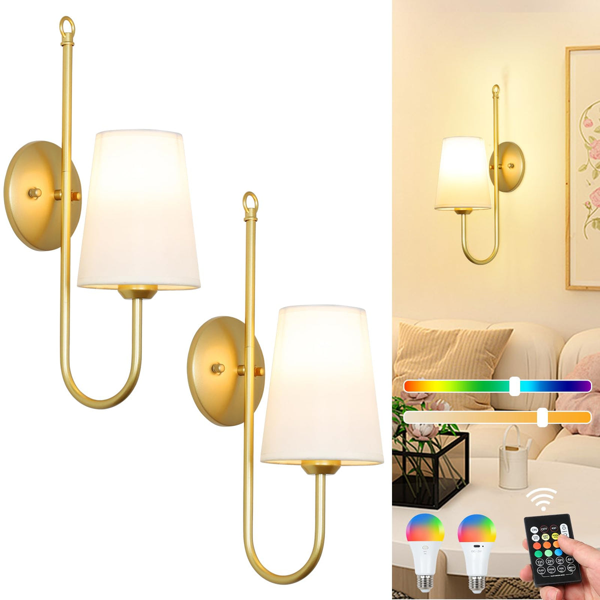 Battery Operated Wall Sconces Set of Two, Wireless Rechargeable Wall Lights with Remotes and RGB Bulbs, Gold Sconces Wall Decor Set of 2, Battery Powered Wall Sconce, Wall Lamp for Bedroom Living Room