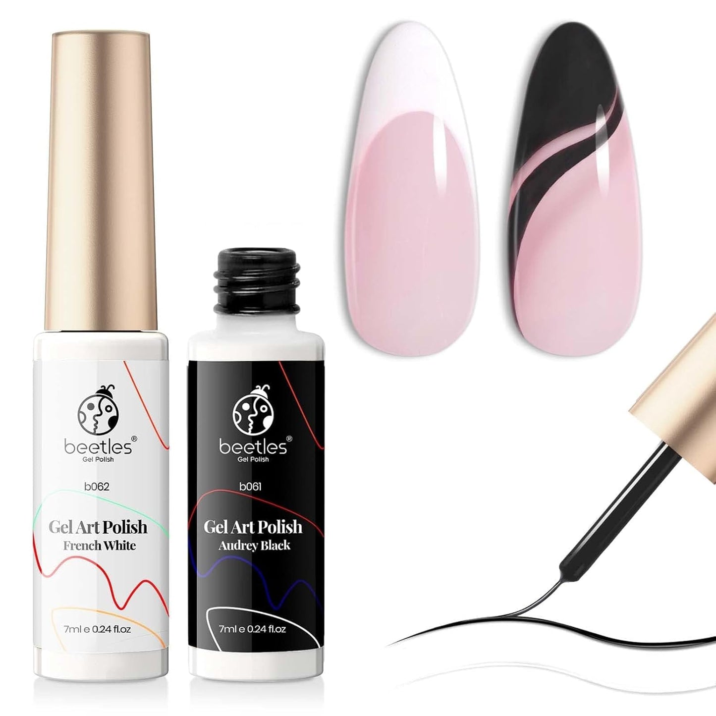 beetles Gel Polish Nail Art Liner Gel Polish Set- 2 Popular Black White Colors Nail Polish Gel Paint for Swirl Nails Built Thin Nails Art Brush in Gel Pens UV Soak off Gifts for Women