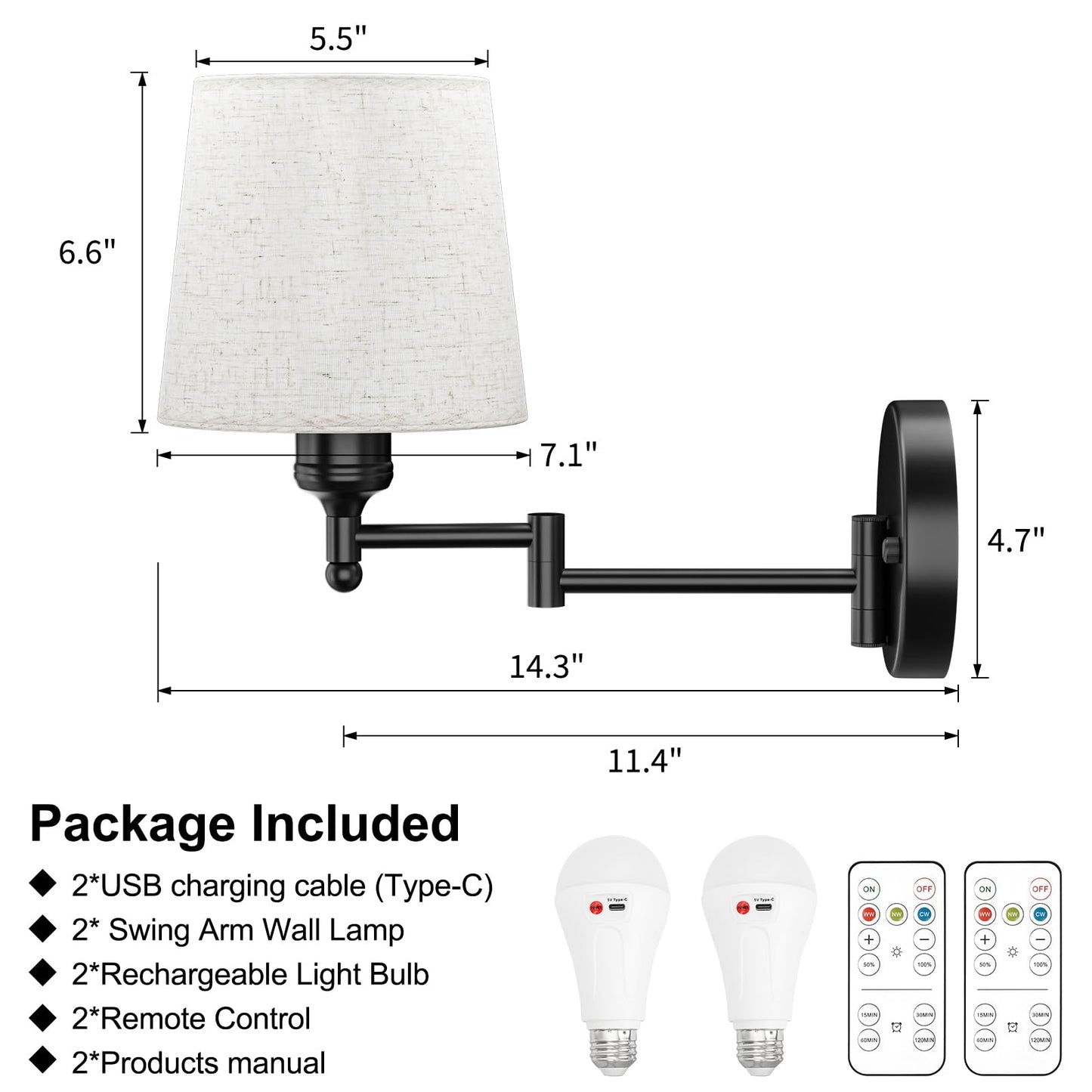 Frideko Swing Arm Rechargeable Wall Sconces Set of Two with Remote, 3 Colors Dimmable Battery Operated Wall Light, 5200mAh Wireless Wall Lamp with 4 Timer, Fabric Indoor Wall Lighting for Bedroom