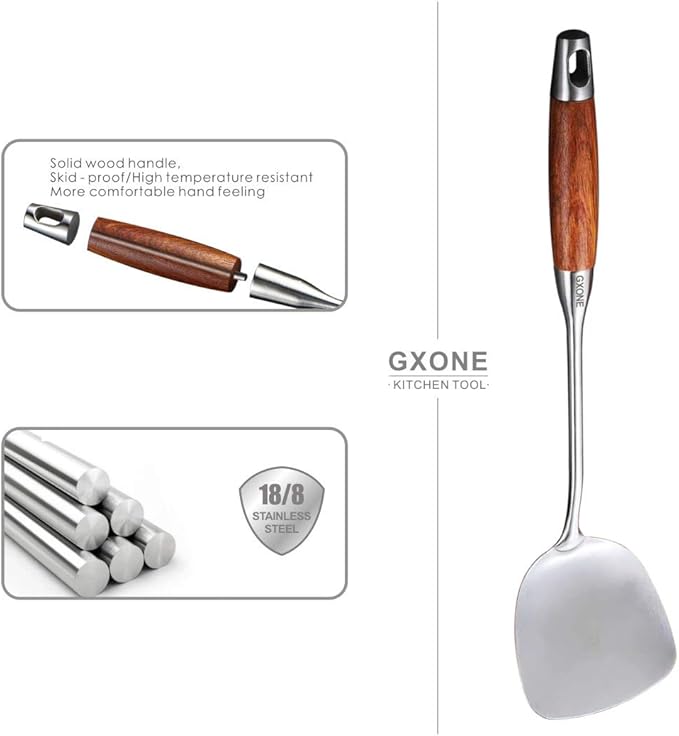 Chinese Wok Spatula, 304 Stainless Steel Spatula with Heat Resistant Wooden Handle Wok Utensils,Silver/15.7Inch