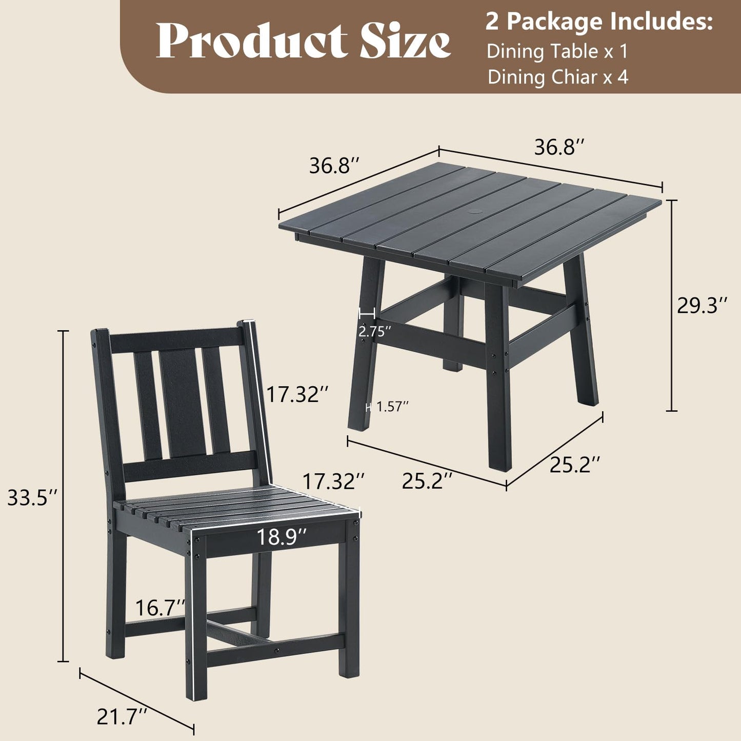 AMERLIFE 5 PCS Outdoor Dining Set with 4 Chairs, 36.8'' HDPE Outdoor Table and Chairs, Patio Dining Table Set with Umbrella Hole for Garden, Backyard and Poolside, Black