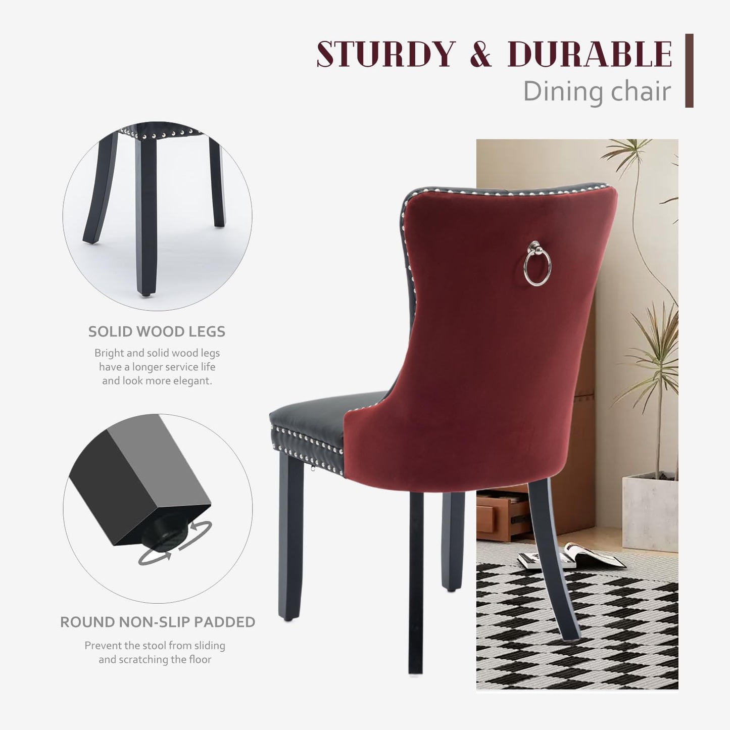 SoarFlash Leather Dining Chairs Set of 4, Tall Back Side Chair, Modern Upholstered Side Chair with Button Back Ring, Solid Wood Legs (Black&Red)