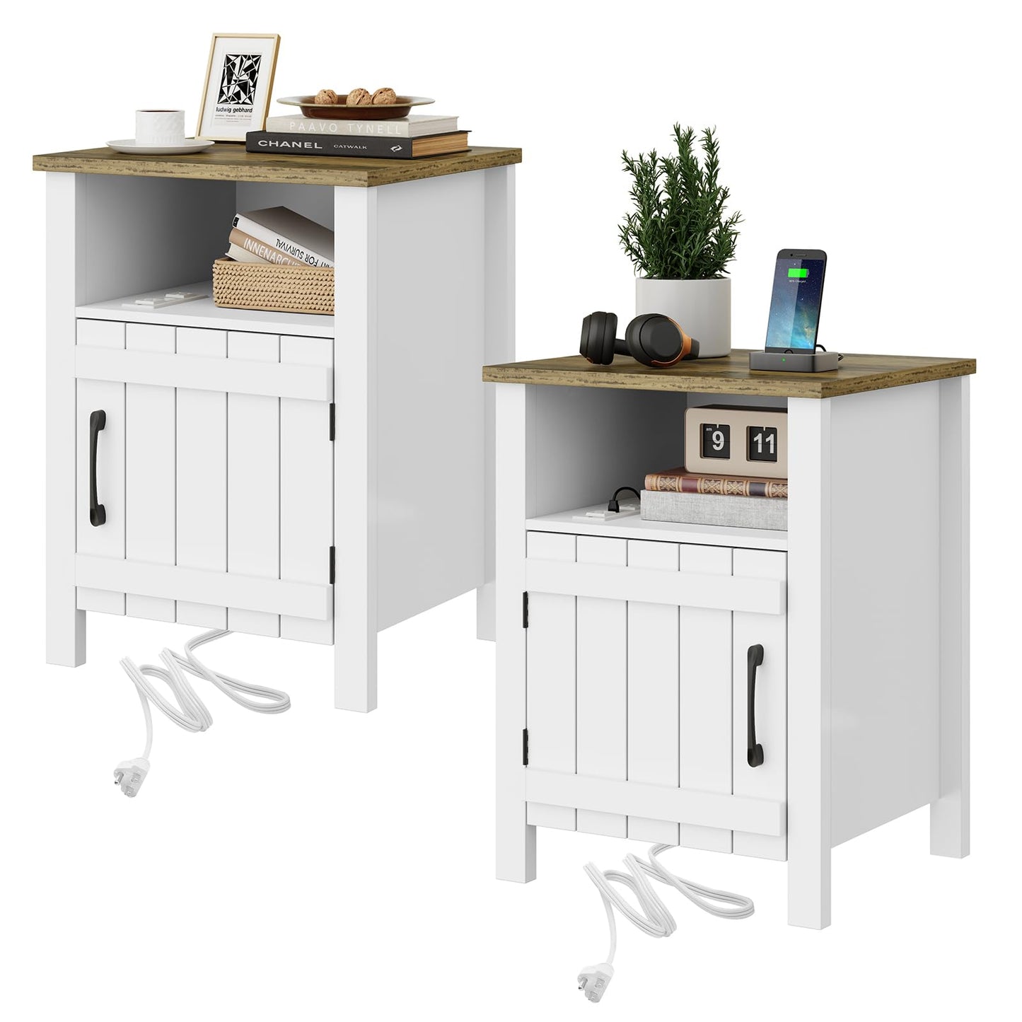 RRX Large Nightstand, End Table with Charging Station, 15.7''Lx17.7''Wx23.6''H Farmhouse Bedside Table with Barn Door and Storage Shelf, Wooden Sofa Side Table (2, White)