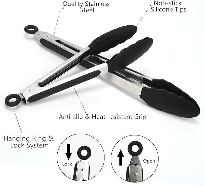 Kitchen Tongs, 2pcs Barbecue Tongs 10 inch & 12 inch with Silicone Tips, 1pc Brush Stainless Steel Cooking Tongs with Heat Resistant Handle for BBQ Serving, Grilling, Buffet, Dishwasher Safe (Black)
