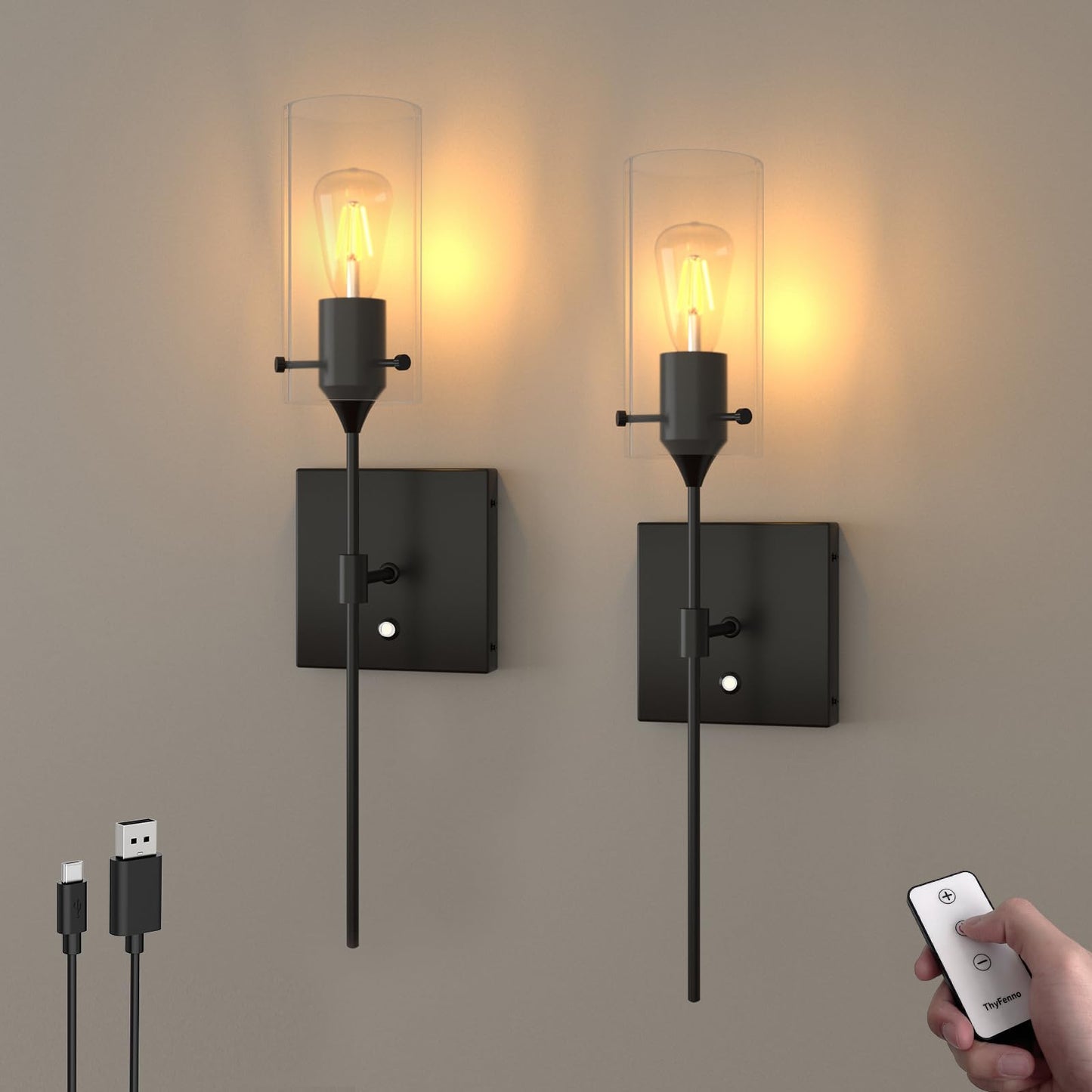 ThyFenno Battery Operated Wall Sconce with Remote Control, Dimmable Wall Lamp Set of 2 Rechargeable, Black Wireless Wall Mount Light for Living Room Bedroom Hallway Farmhouse, Bulb Included