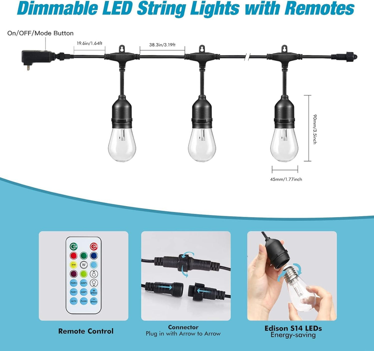 Auroraworld 96FT RGB Waterproof String Lights – Dimmable LED Patio Lighting with 30 Shatterproof Bulbs for Yard & Party Decor