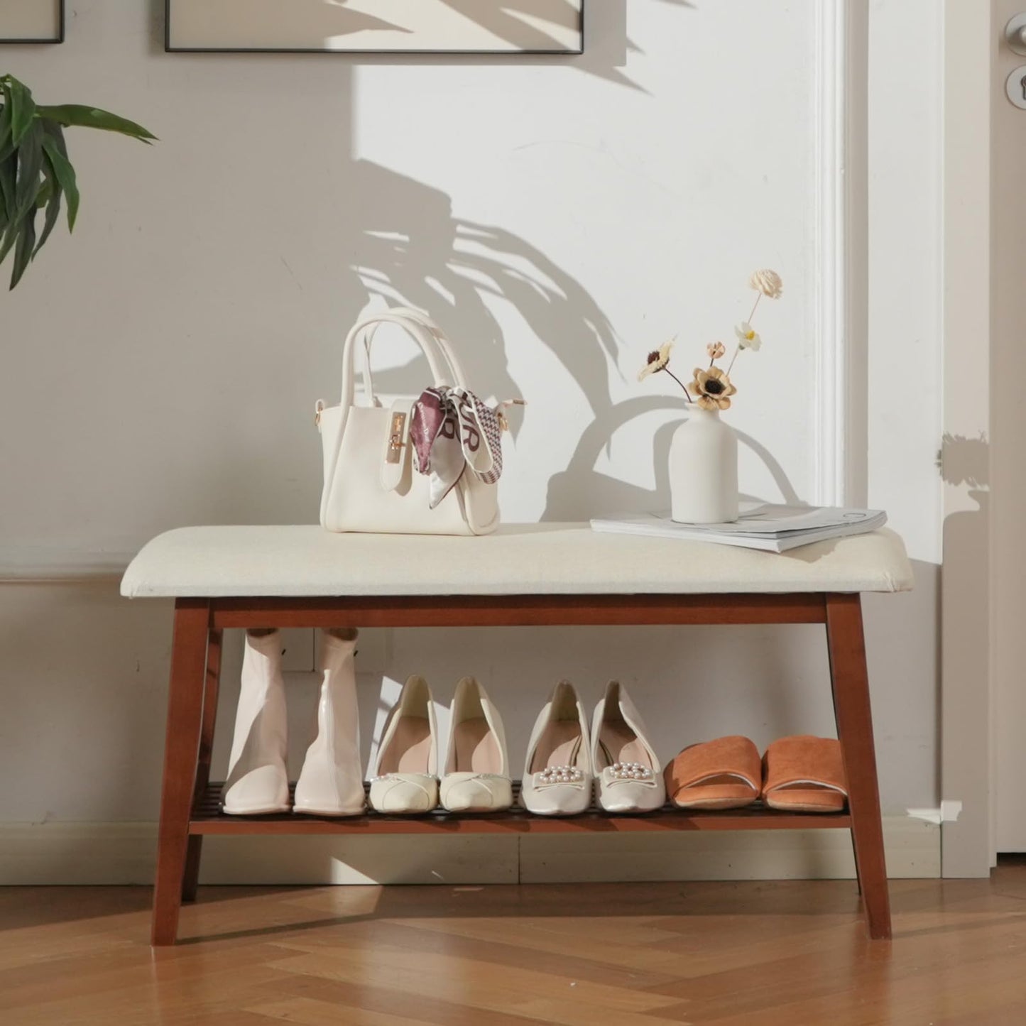 oakvivo Entryway Shoe Bench, 35.4" Bamboo Bench for Bedroom End of Bed, 2-Tier Shoe Rack with Cushion Padded Seat, Shoe Organizer Stable for Entry Hallway Living Room Bedroom, 35.4"W x11.2"D x 17.7"H