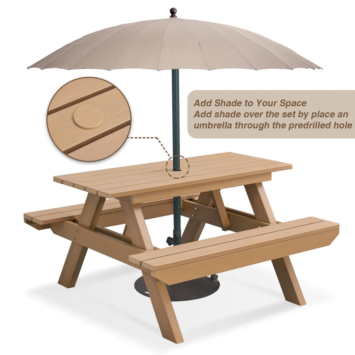 Psilvam Picnic Table - Heavy Duty Poly Lumber with Umbrella Hole & Integrated Benches, 100% Waterproof All-Weather for Patio, Garden (Teak Color)