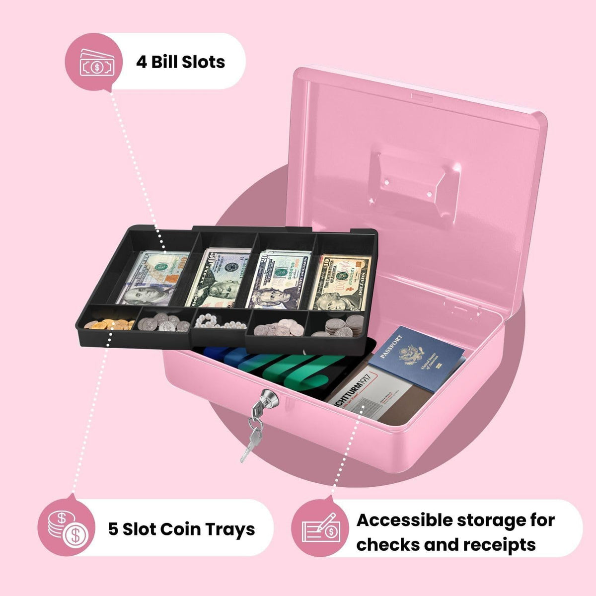 Flexzion Cash Box with Money Tray and Lock - Metal Cash Box for Small Businesses, 9-Compartment Pink Money Box with Removable Tray and Key, Portable Storage for Checks and Coins