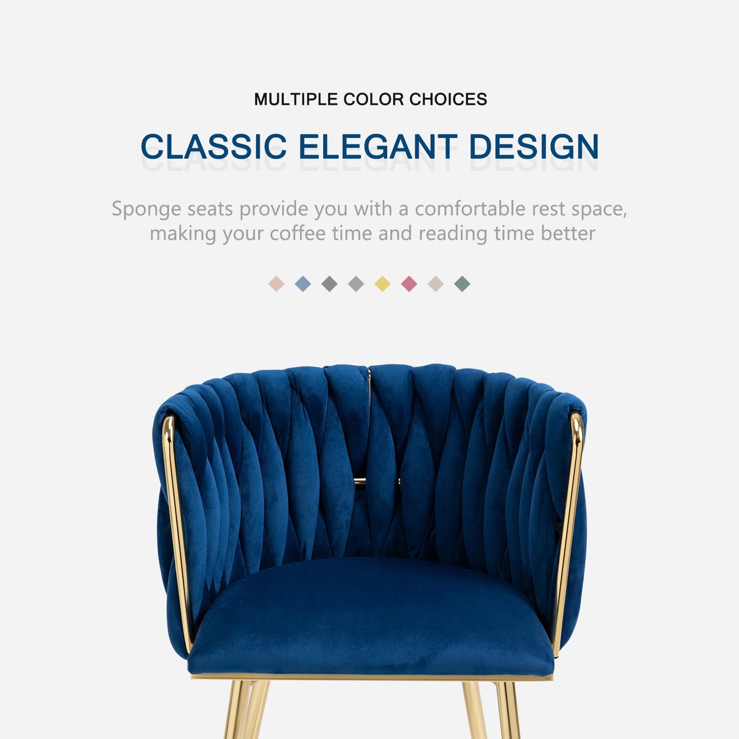 Nrizc Woven Dining Chairs Set of 4, Velvet Upholstered Dining Chairs with Gold Metal Legs, Modern Accent Chairs for Living Room, Dining Room, Kitchen (Blue)