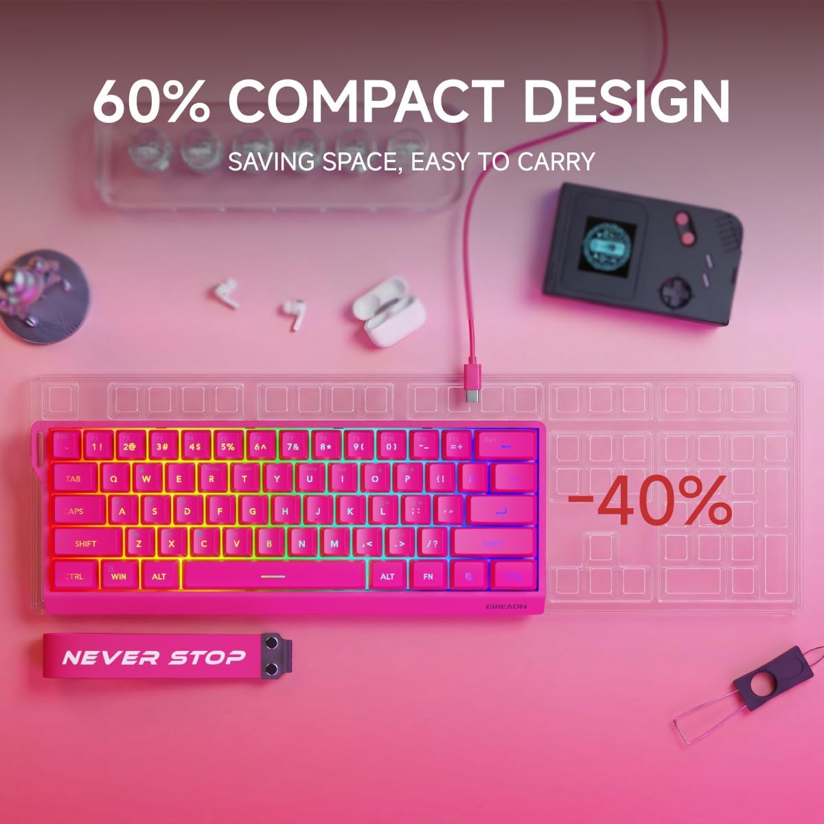 SEUNKWANG F61 60% Gaming Keyboard Wired, RGB Backlit Membrane Keyboard with PBT Keycaps, Compact Design, Lanyard Wired Keyboard for Mac/Win (Red, Wired)