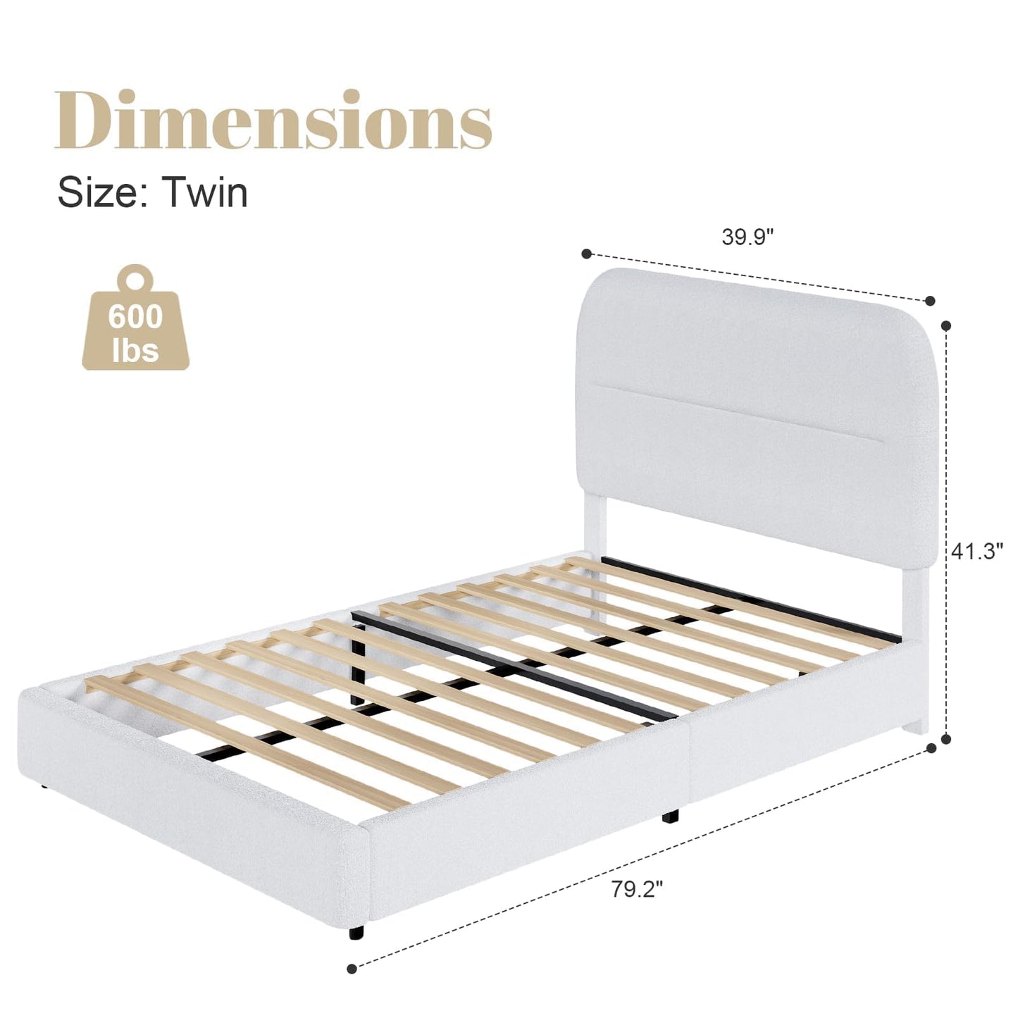 HOMBCK Twin Bed Frames with Headboard, Boucle Upholstered Platform Bed Twin Size for Kids, Rounded Corners & Thickened Footboard, No Box Spring Needed/Easy Assembly, White