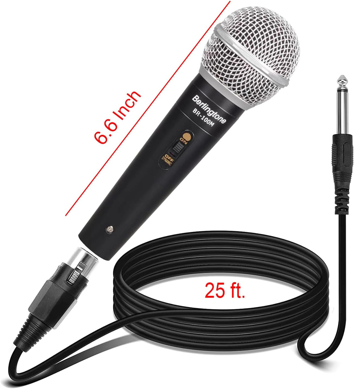 Dynamic Vocal Microphone - Metal Casing, Microphone for Singing, Speaking, Wired, 25ft XLR Cabel, Cardioid, with ON/Off Switch, Black/Silver