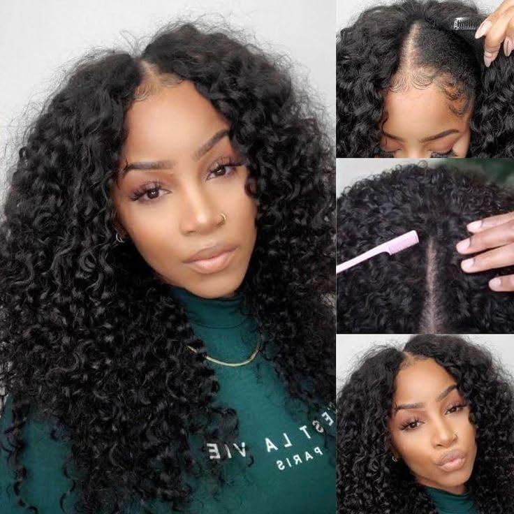 V Part Wig Human Hair No Leave Out Upgrade Curly V Part Wig Human Hair Wig for Women 150% Density V Part Wig No Glue No Sew Clip In Half Wigs Natural Color 20 Inch