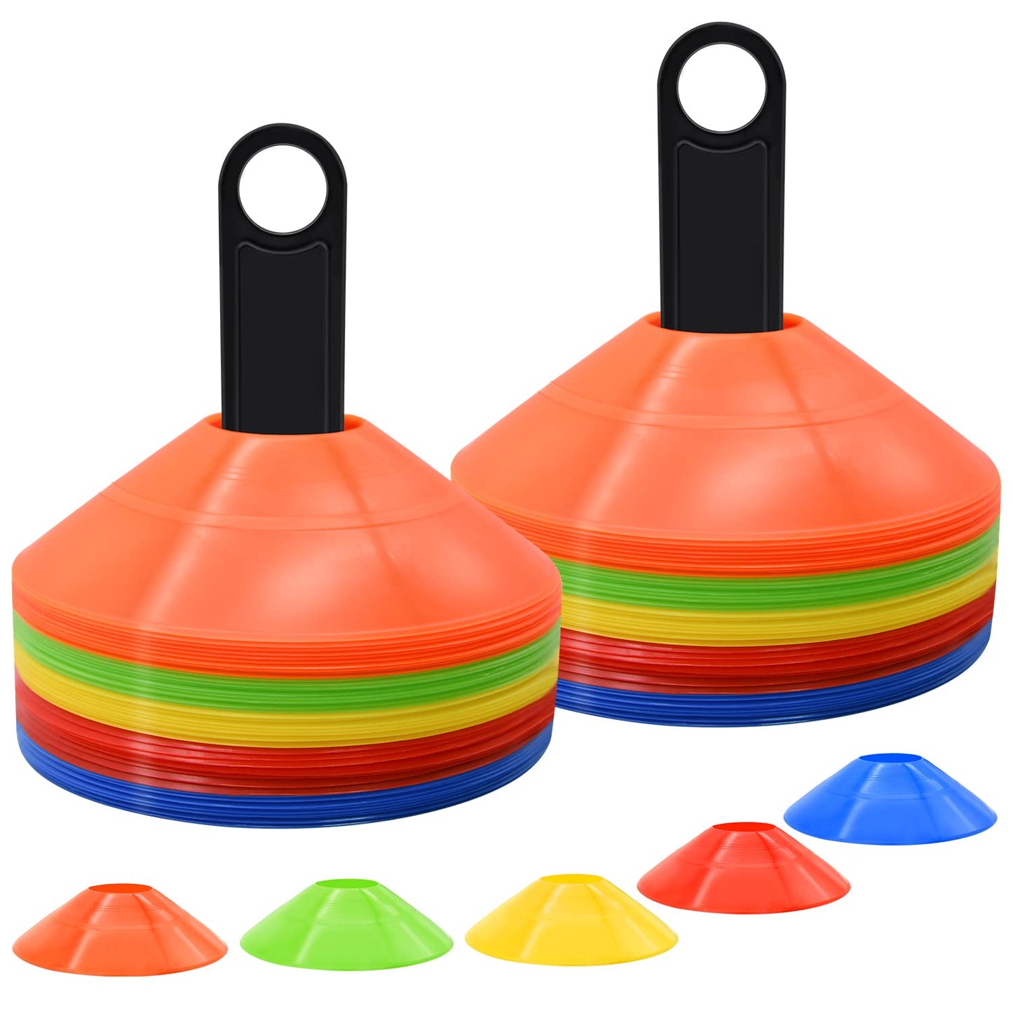 FGBNM 100 Pack Disc Cones, Agility Soccer Cones with Carry Bag and Holder, Soccer Cones for Sports Training, Football, Soccer, Basketball, Coaching, Practice Equipment, 5 Color (100 Pack)