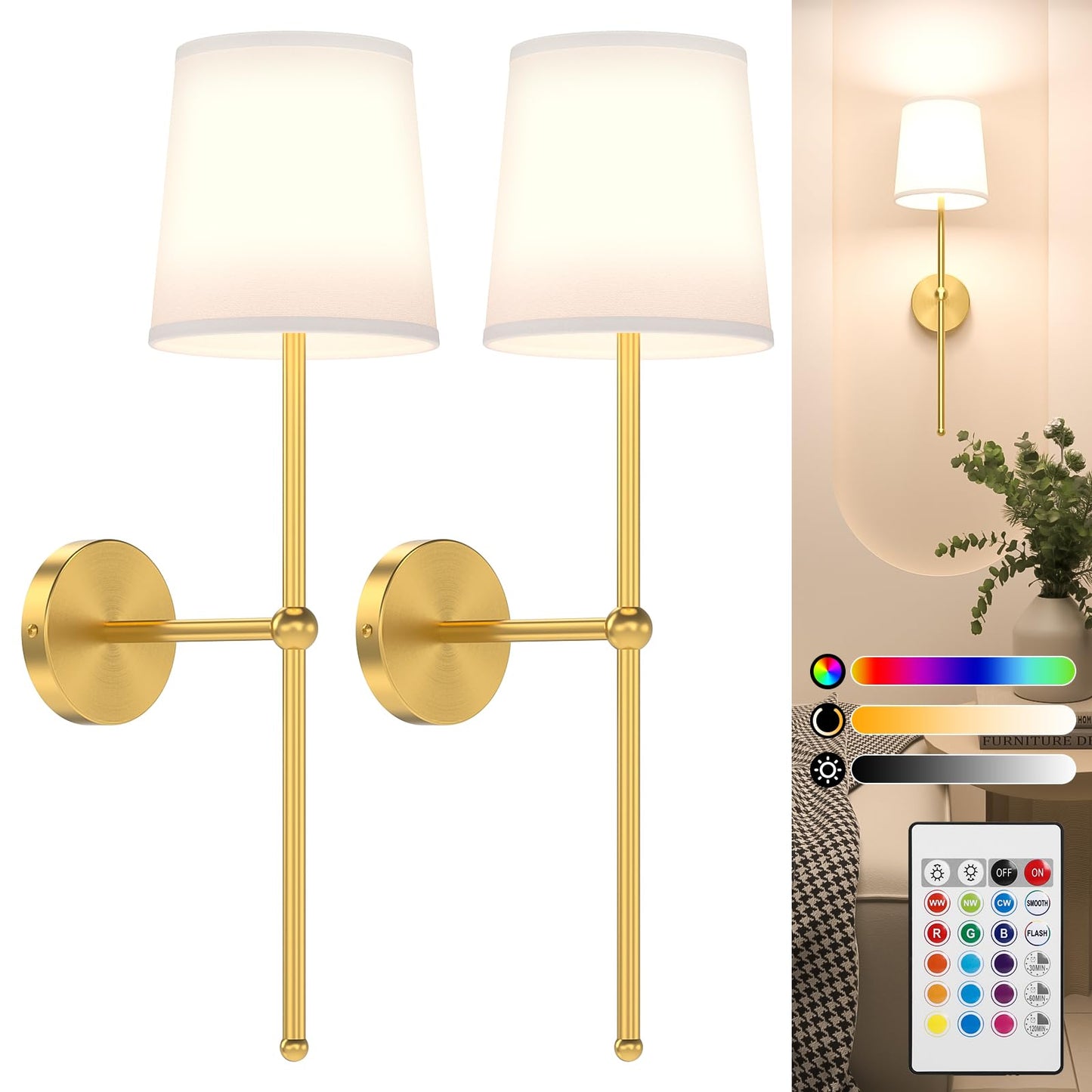 Lightbiz Battery Operated Wall Sconce Set of 2, Rechargeable Wall Lights with Remote, 15 Colors Wireless Dimmable Wall Lamp for Bedroom, Living Room, Hallway