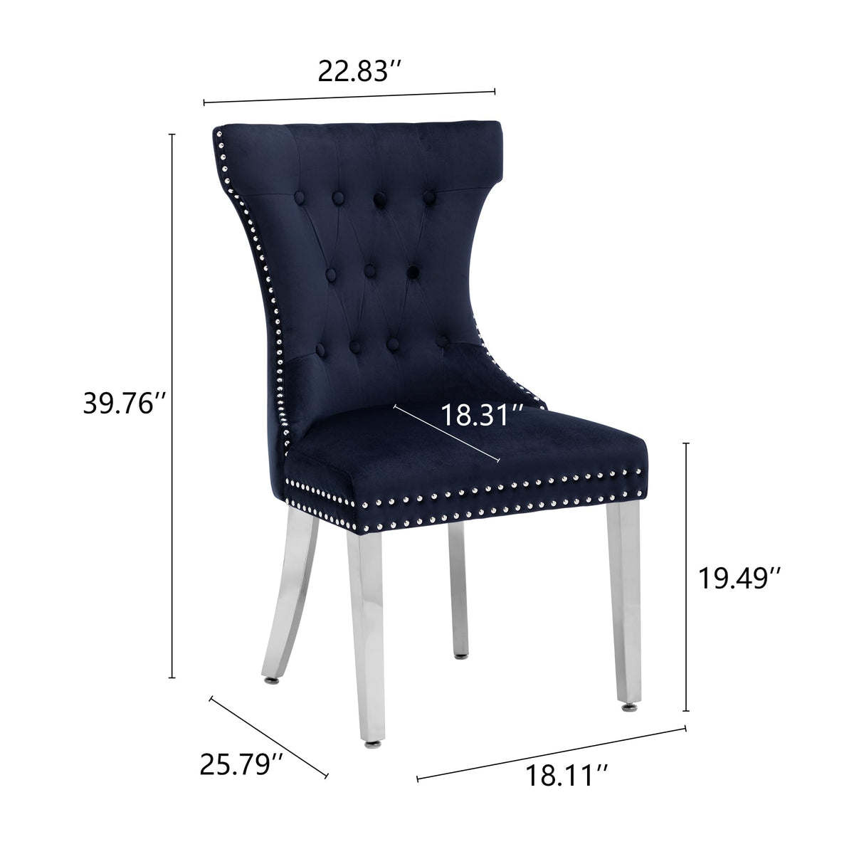 Creek Vista Velvet Dining Chairs Set of 2, Upholstered Dining Room Chair with Stainless Legs, Tufted Kitchen Chair with Button Back and Pull Ring, Dark Blue